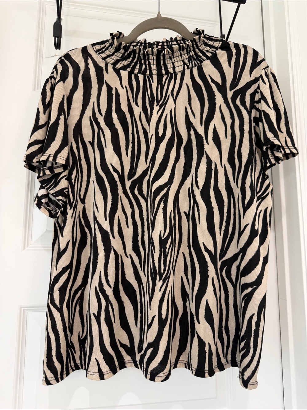 Women's Zebra Print Short Sleeve Top with Ruffle Neck - Black & Cream